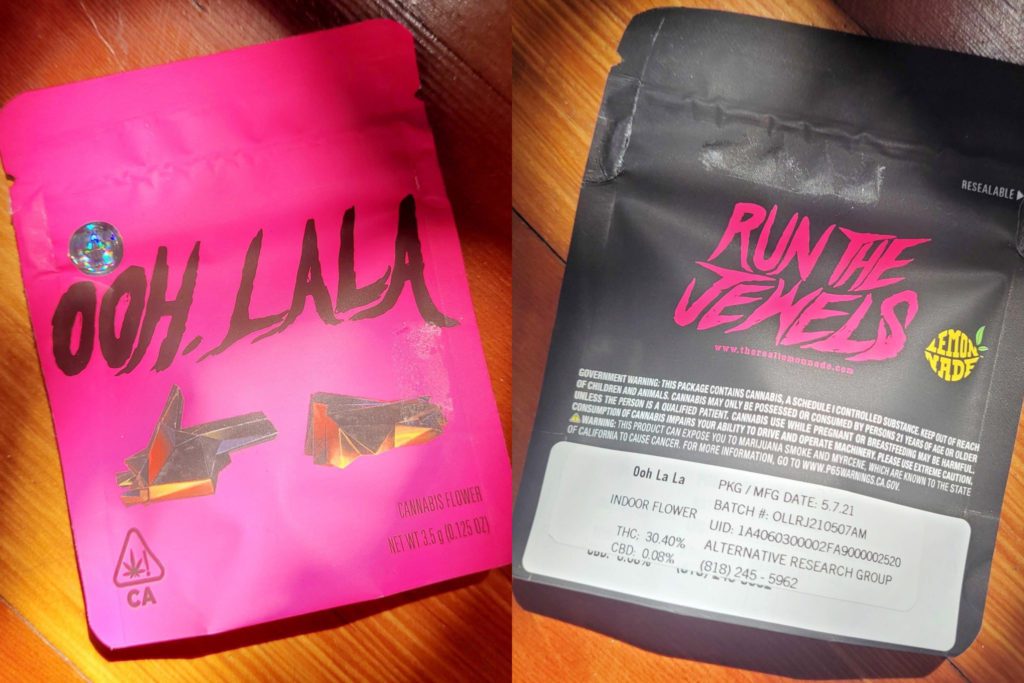 The packaging for Ooh La La strain from Lemonnade and Run The Jewels.